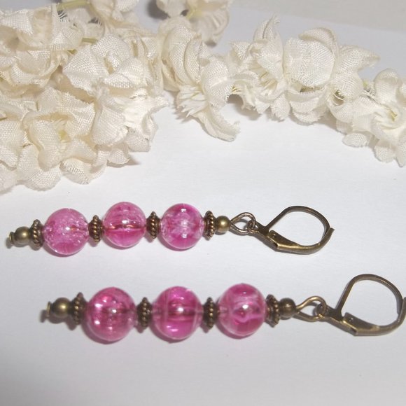 Boho Earrings Fashion Accessory Jewelry Pink and Bronze Gift Idea for Her 6935 - Picture 3 of 7